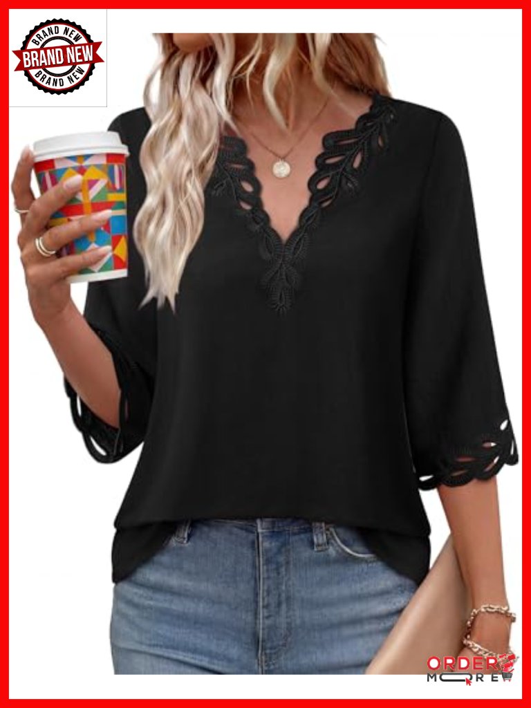 Boho Eyelet Embroidery Blouse - 3/4 Sleeve V-Neck Loose Fit Top